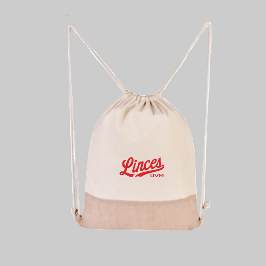 Morral bolsa beige con logo rojo linces
