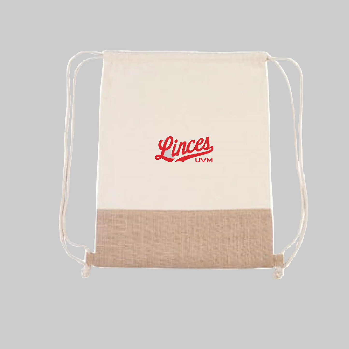Morral bolsa beige con logo rojo linces