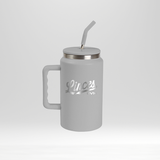 Termo cilíndrico gris con popote - logo linces