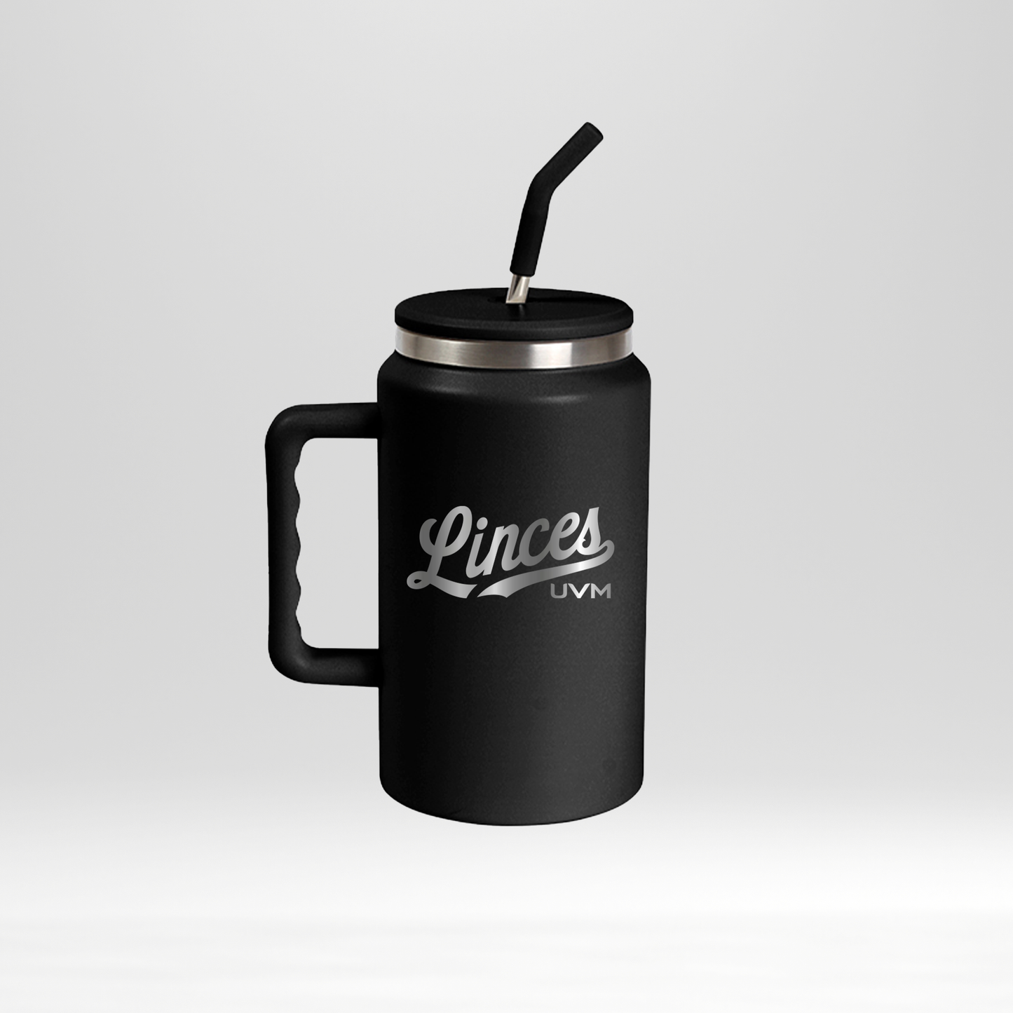 Termo cilíndrico negro con popote - logo linces