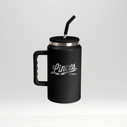 Termo cilíndrico negro con popote - logo linces