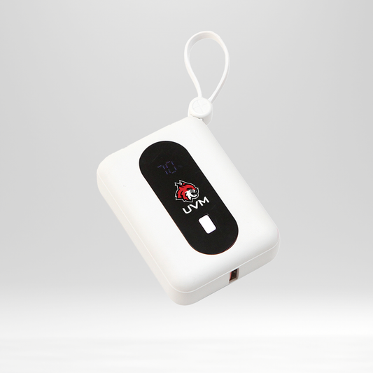 Power bank cuadrada blanca con logo linces UVM
