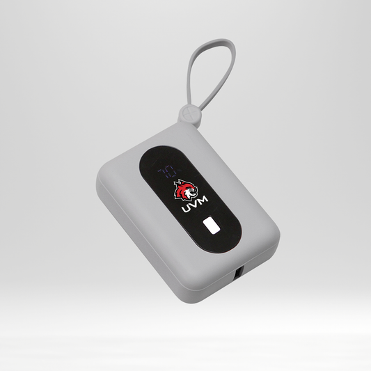 Power bank cuadrada gris con logo linces UVM