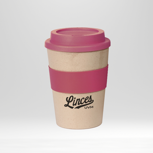 Vaso rosa con tapa - logo linces