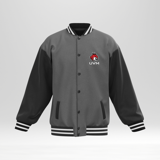 Chamarra universitaria gris con mangas negras logo linces UVM
