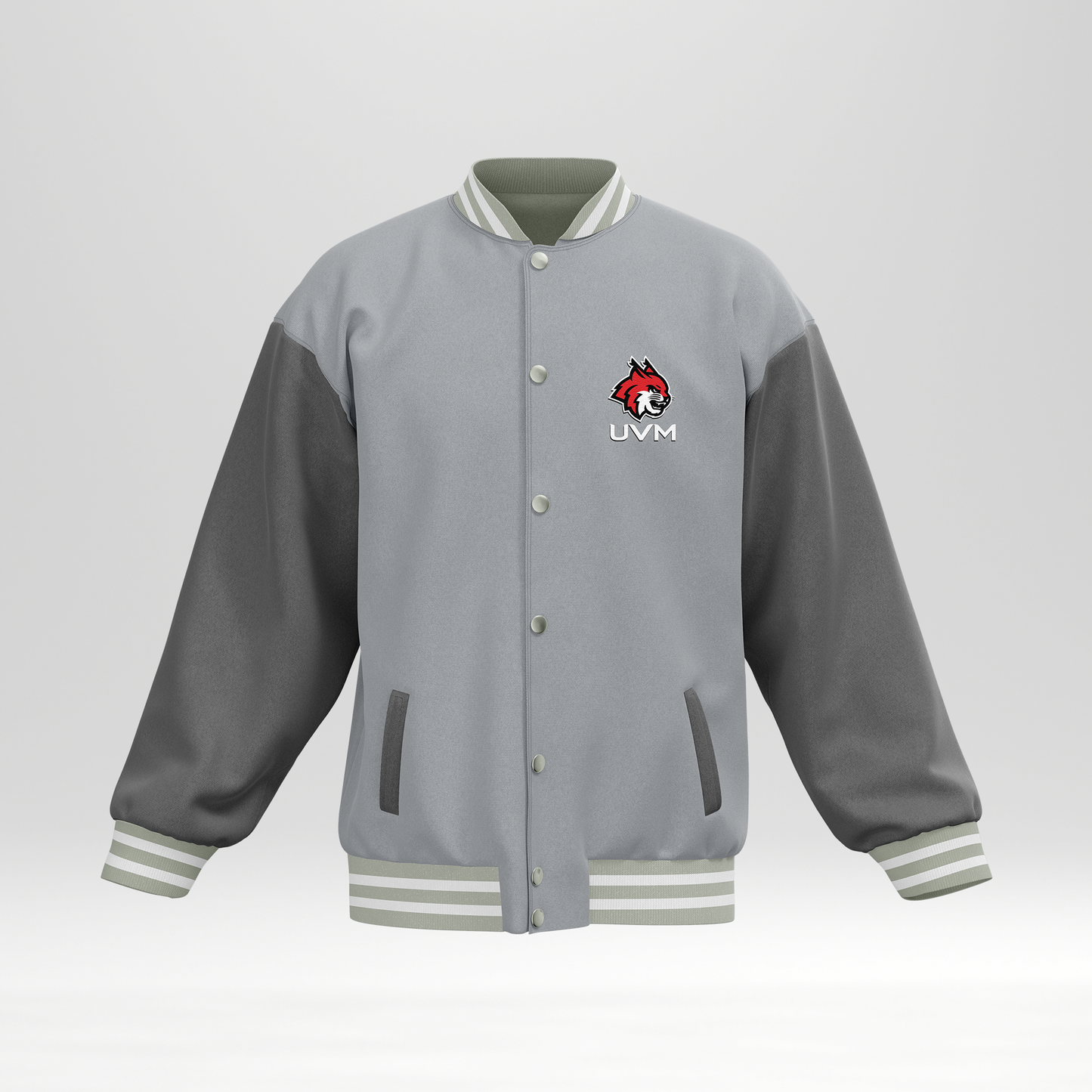 Chamarra universitaria gris con mangas grises UVM logo linces