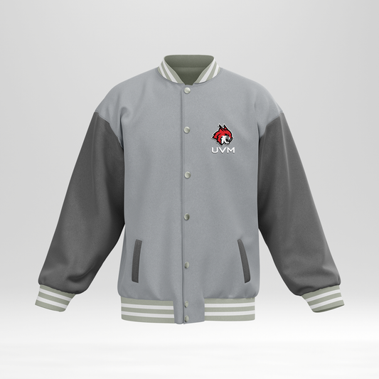 Chamarra universitaria gris con mangas grises UVM logo linces