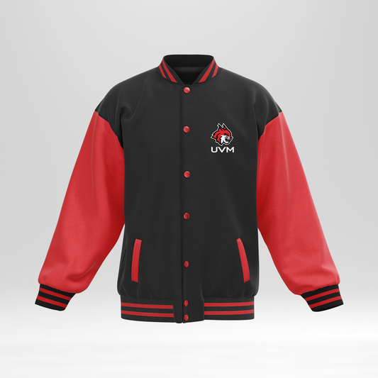 Chamarra universitaria negra con mangas rojas UVM logo linces