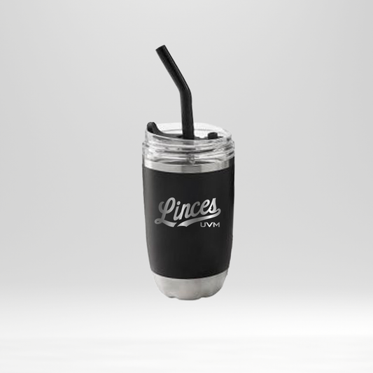 Termo con popote negro con logo linces