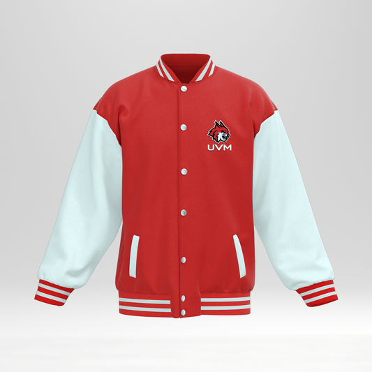 Chamarra universitaria roja con mangas blancas UVM logo linces