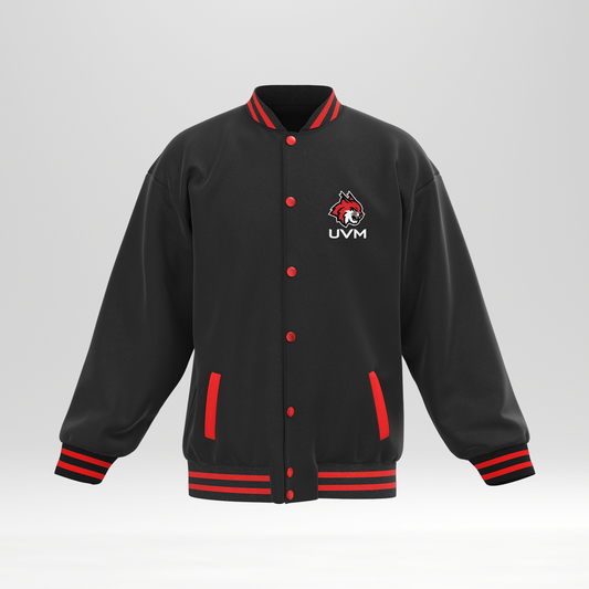 Chamarra universitaria negra con detalles rojos UVM logo linces
